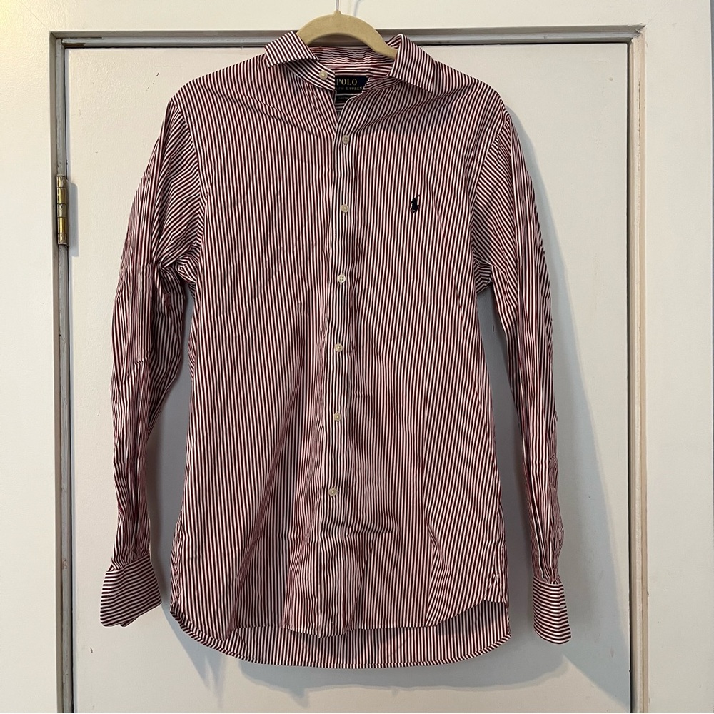 Polo by Ralph Lauren Men's Burgundy Red Striped Shirt custom fit striped poplin